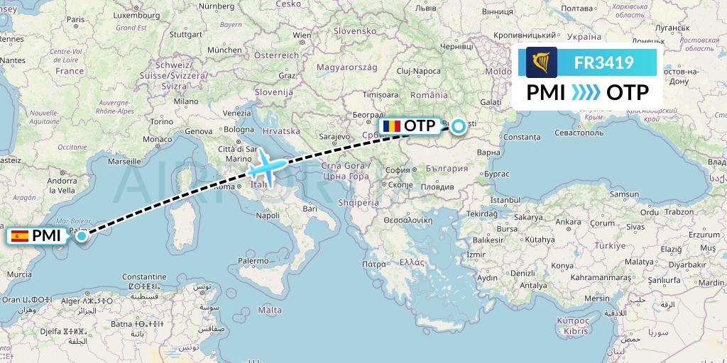 FR3419 Ryanair Flight Map: Palma de Mallorca to Bucharest