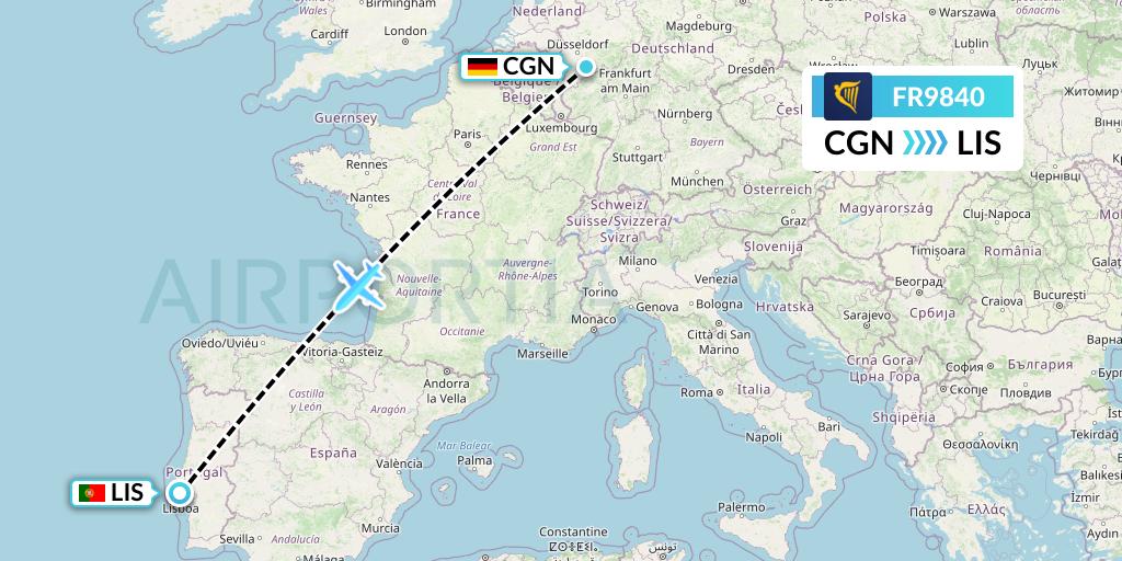 FR9840 Ryanair Flight Map: Cologne to Lisbon
