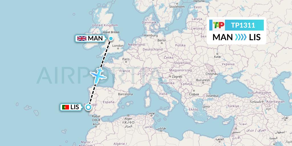TP1311 TAP Portugal Flight Map: Manchester to Lisbon