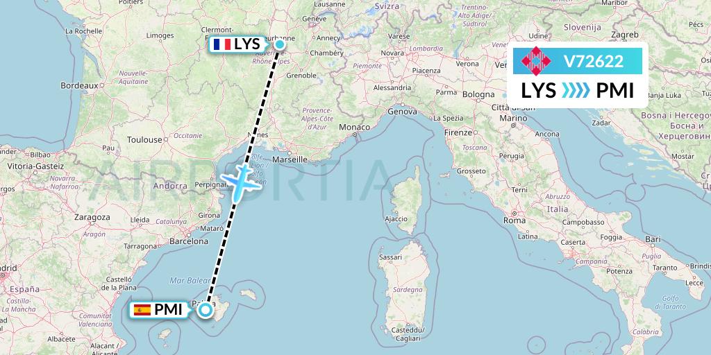 V72622 Volotea Flight Map: Lyon to Palma de Mallorca