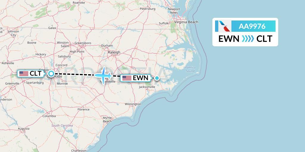 AA9976 American Airlines Flight Map: New Bern to Charlotte