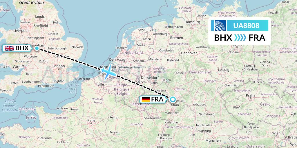 UA8808 United Airlines Flight Map: Birmingham to Frankfurt