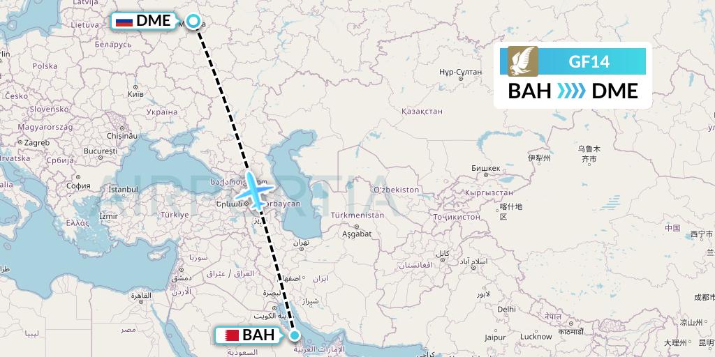GF14 Gulf Air Flight Map: Bahrain to Moscow