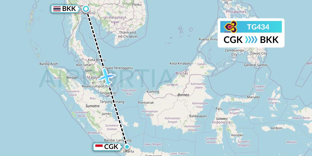TG434 Thai Airways Flight Map: Jakarta to Bangkok