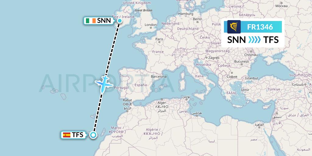 FR1346 Ryanair Flight Map: Shannon to Tenerife