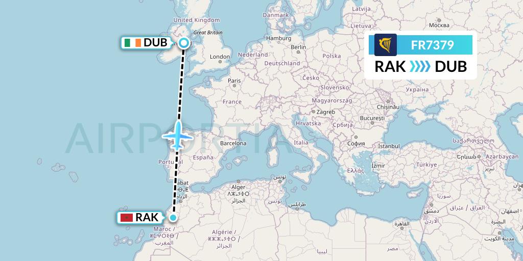 FR7379 Ryanair Flight Map: Marrakesh to Dublin