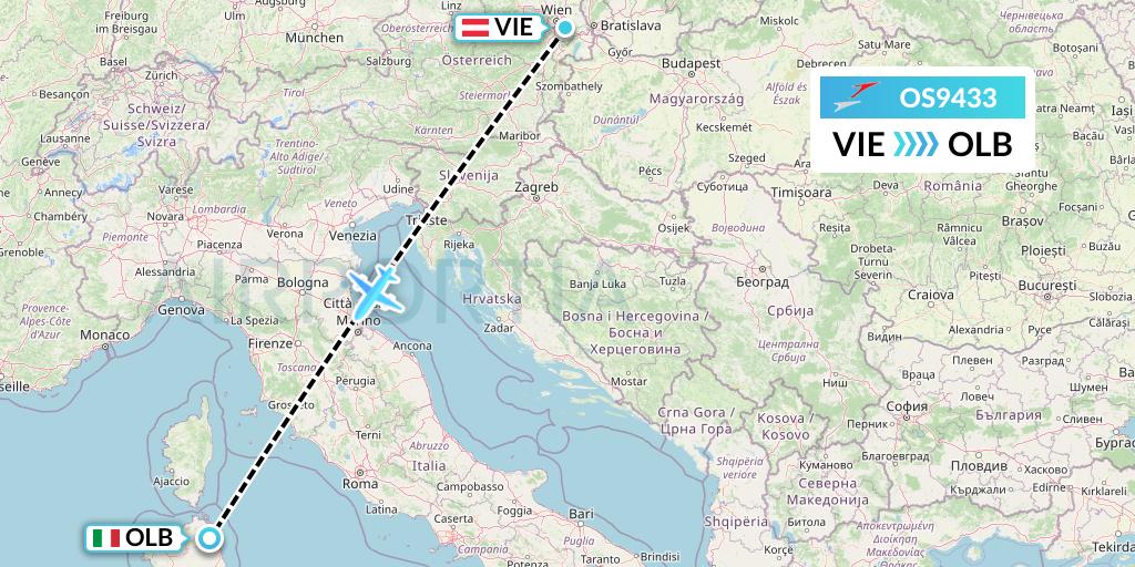 OS9433 Austrian Airlines Flight Map: Vienna to Olbia