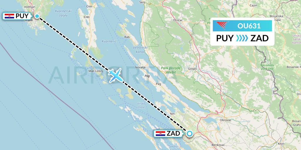 OU631 Croatia Airlines Flight Map: Pula to Zadar