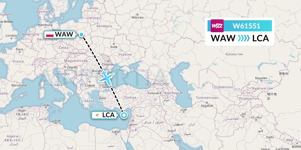 W61551 Wizz Air Flight Map: Warsaw to Larnaca