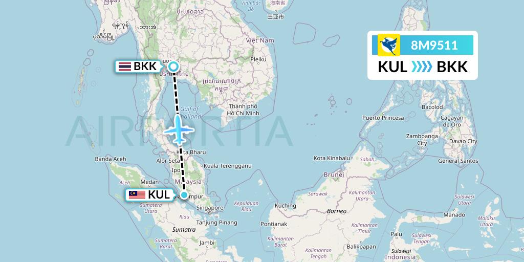 8M9511 Myanmar Airways International Flight Map: Kuala Lumpur to Bangkok