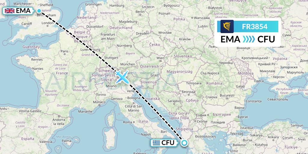 FR3854 Ryanair Flight Map: East Midlands to Corfu