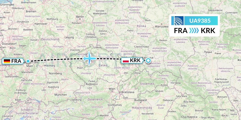 UA9385 United Airlines Flight Map: Frankfurt to Krakow