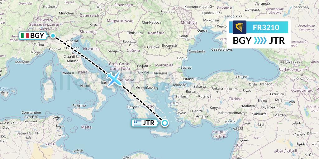 FR3210 Ryanair Flight Map: Milan to Santorini