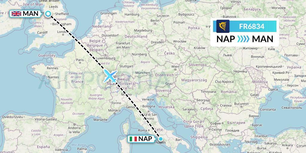 FR6834 Ryanair Flight Map: Naples to Manchester