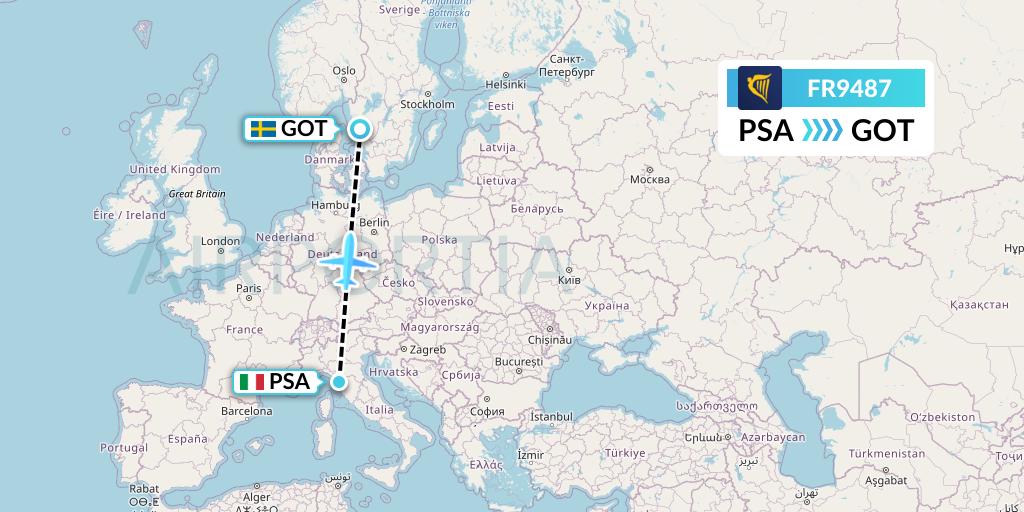 FR9487 Ryanair Flight Map: Pisa to Gothenburg
