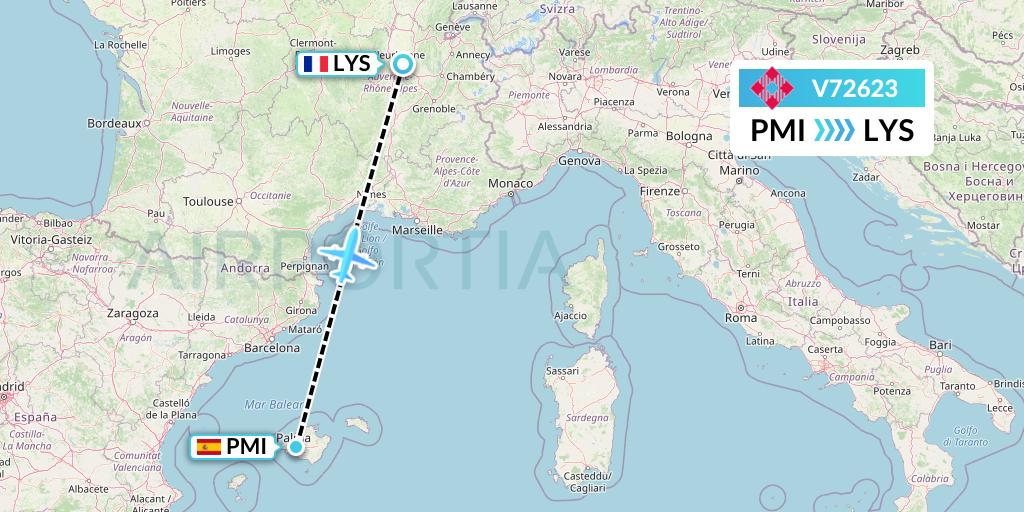 V72623 Volotea Flight Map: Palma de Mallorca to Lyon