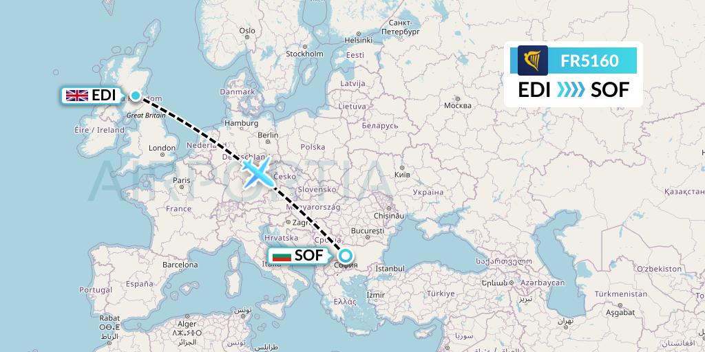 FR5160 Ryanair Flight Map: Edinburgh to Sofia