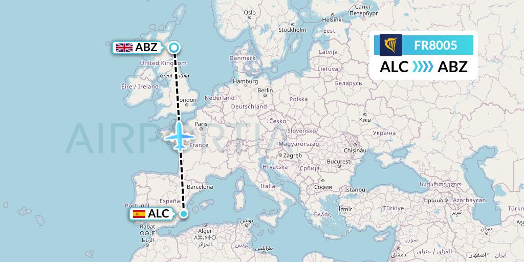 FR8005 Ryanair Flight Map: Alicante to Aberdeen
