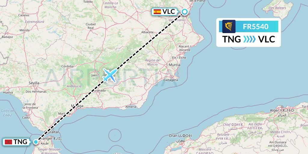FR5540 Ryanair Flight Map: Tangier to Valencia