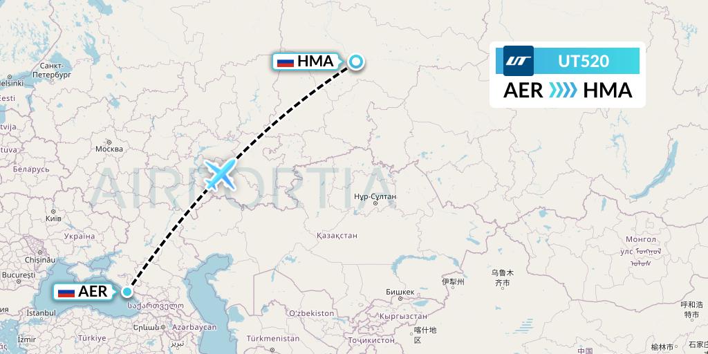 UT520 UTair Flight Map: Sochi to Khanty-Mansiysk