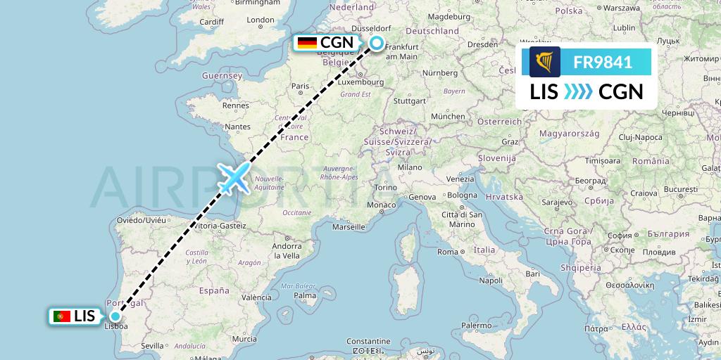 FR9841 Ryanair Flight Map: Lisbon to Cologne