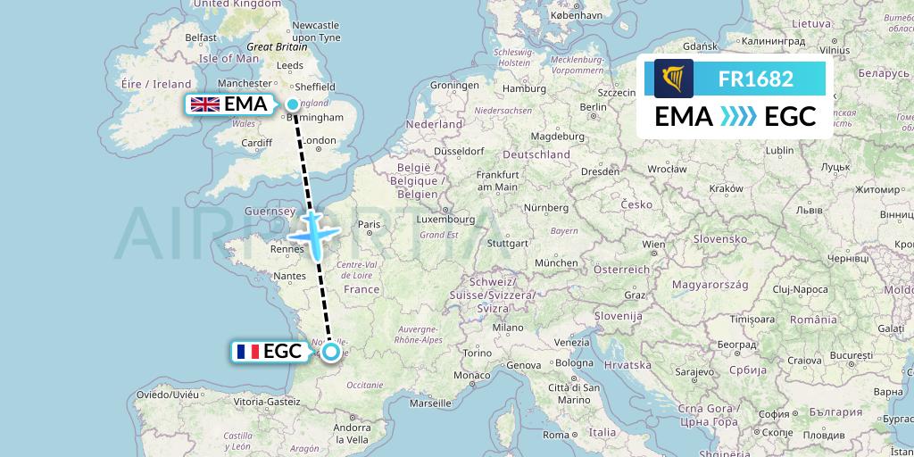 FR1682 Ryanair Flight Map: East Midlands to Bergerac