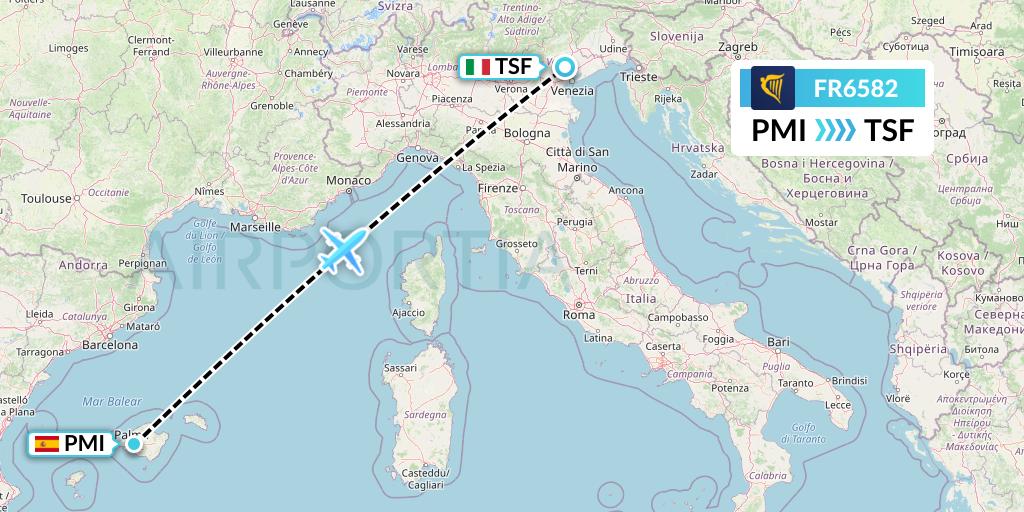 FR6582 Ryanair Flight Map: Palma de Mallorca to Treviso