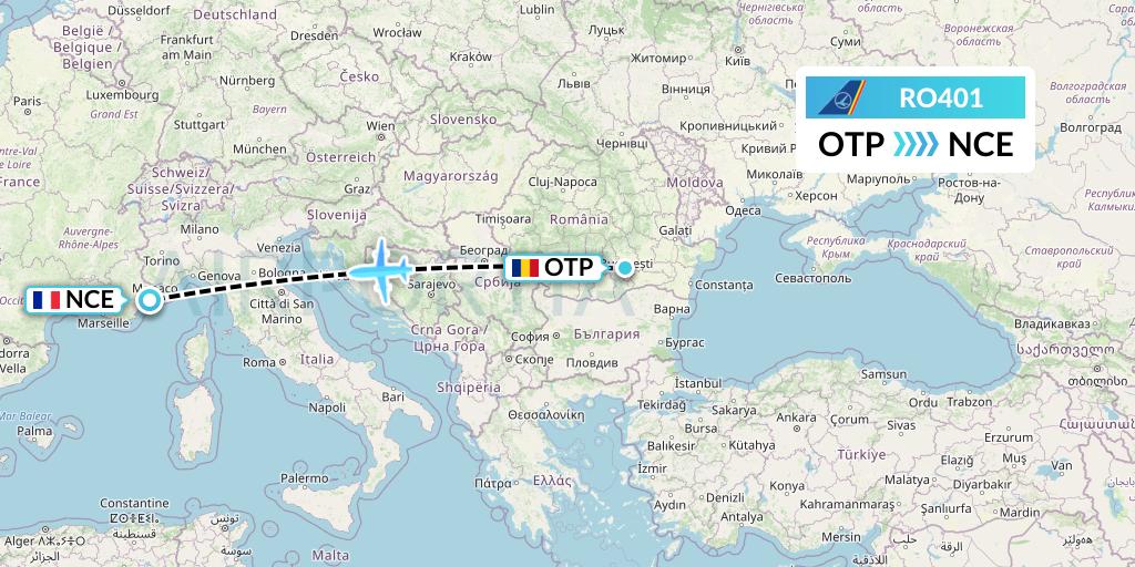 RO401 Tarom Flight Map: Bucharest to Nice