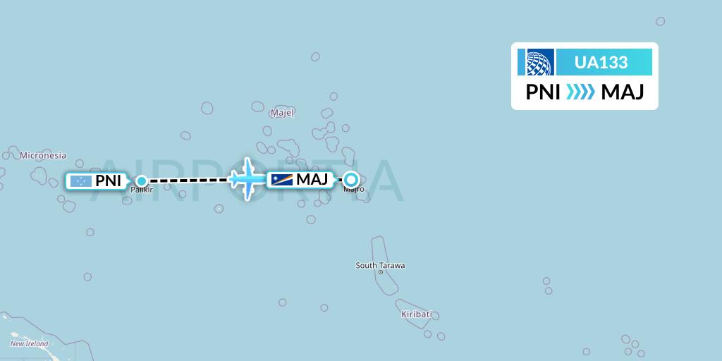 UA133 United Airlines Flight Map: Pohnpei to Majuro