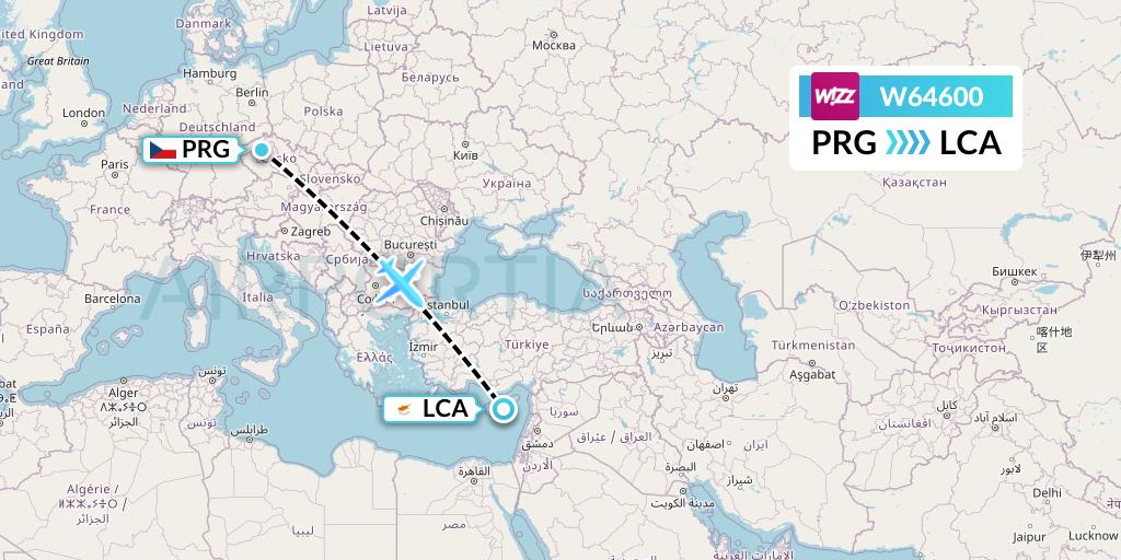 W64600 Wizz Air Flight Map: Prague to Larnaca