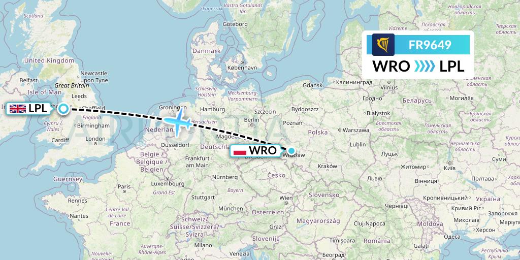 FR9649 Ryanair Flight Map: Wroclaw to Liverpool
