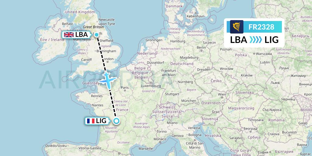 FR2328 Ryanair Flight Map: Leeds to Limoges