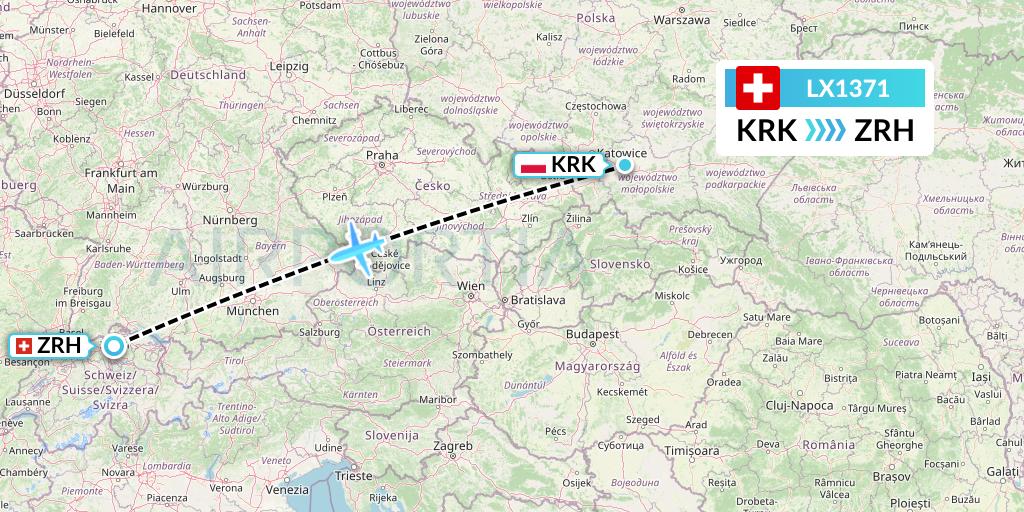LX1371 Swiss Flight Map: Krakow to Zurich