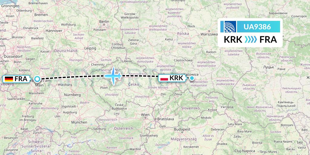 UA9386 United Airlines Flight Map: Krakow to Frankfurt