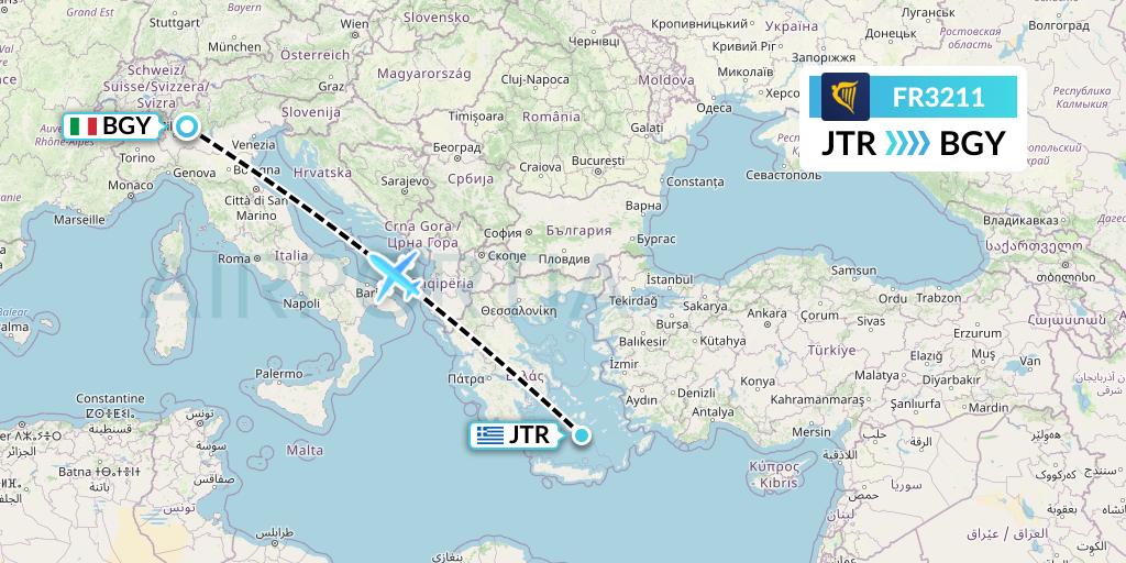 FR3211 Ryanair Flight Map: Santorini to Milan