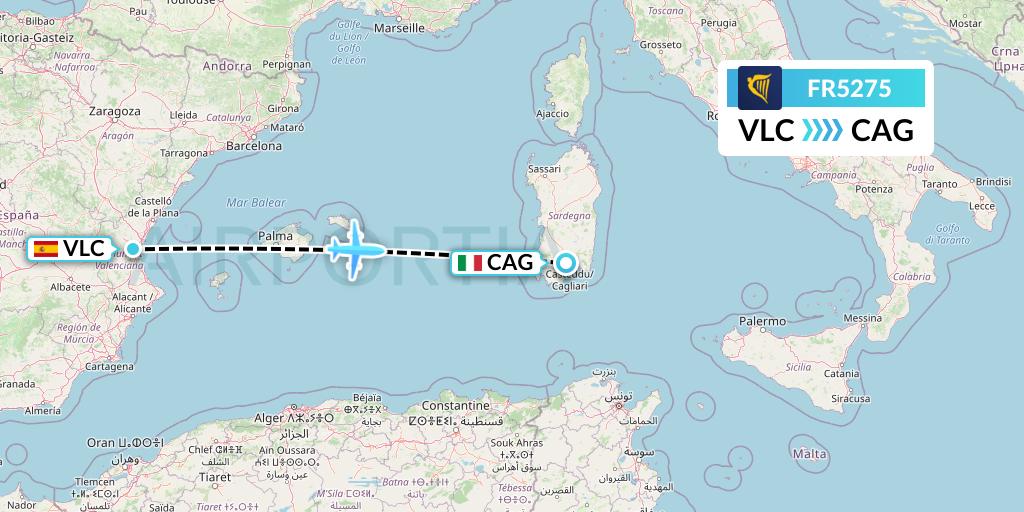 FR5275 Ryanair Flight Map: Valencia to Cagliari