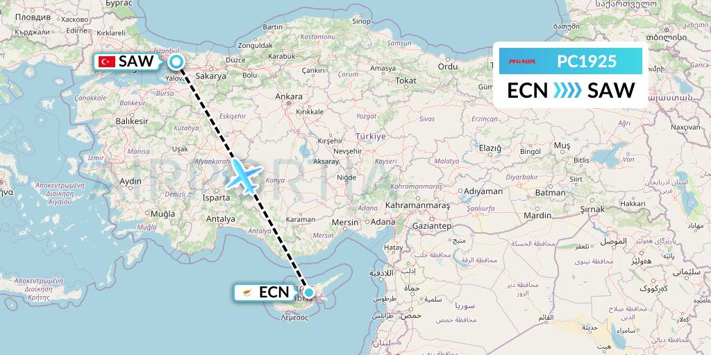 PC1925 Pegasus Airlines Flight Map: Tymvou to Istanbul