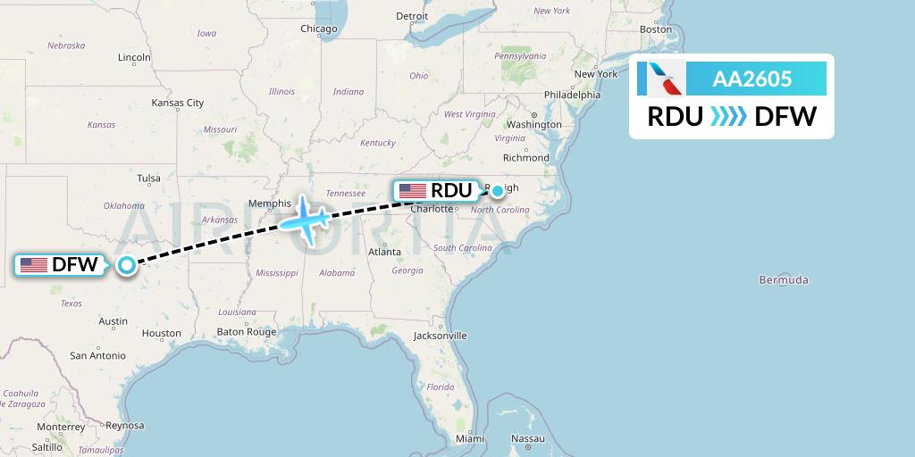 AA2605 American Airlines Flight Map: Raleigh-Durham to Dallas
