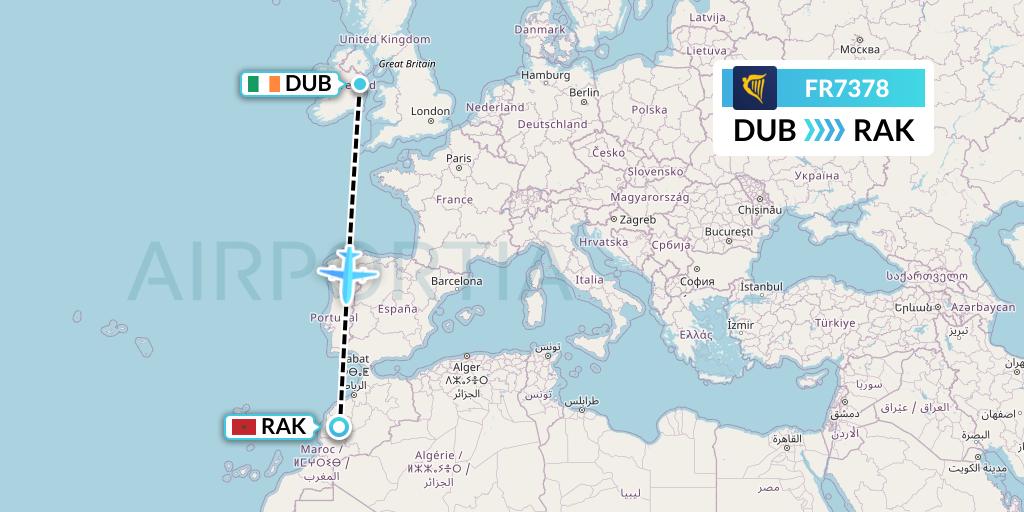 FR7378 Ryanair Flight Map: Dublin to Marrakesh 