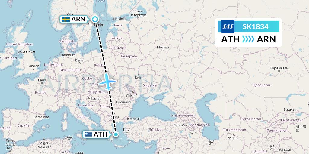 SK1834 SAS Flight Map: Athens to Stockholm