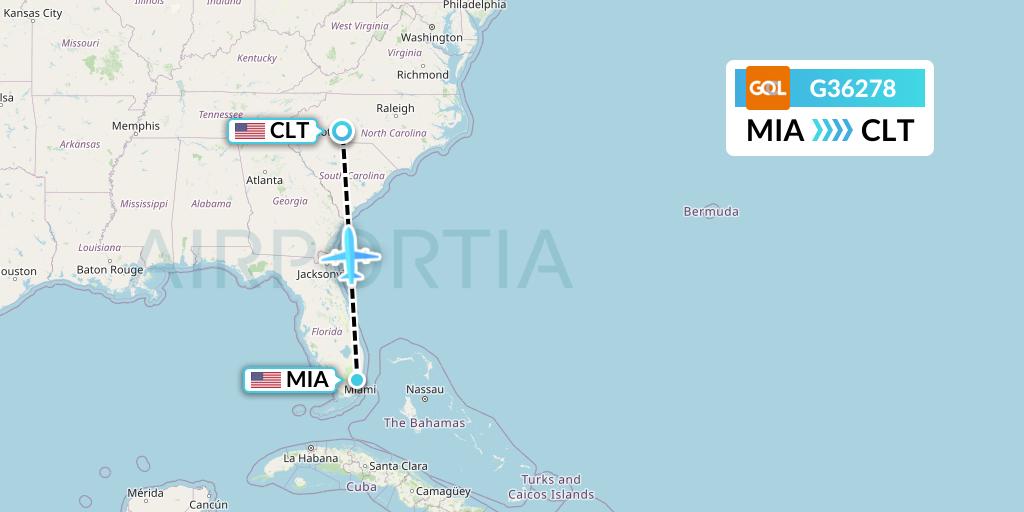 G36278 GOL Transportes Aeros Flight Map: Miami to Charlotte