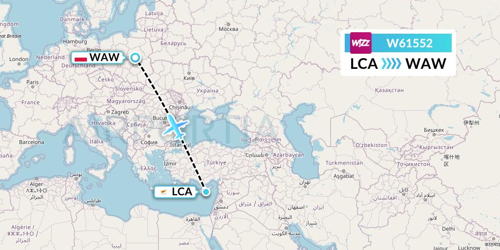 W61552 Wizz Air Flight Map: Larnaca to Warsaw