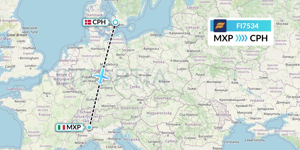 FI7534 Icelandair Flight Map: Milan to Copenhagen