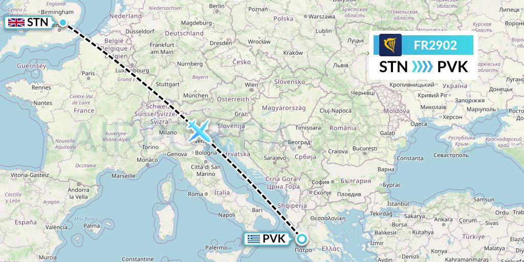 FR2902 Ryanair Flight Map: London to Preveza