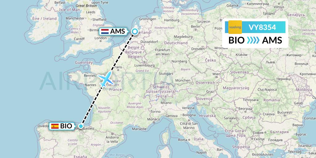 VY8354 Vueling Flight Map: Bilbao to Amsterdam