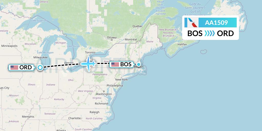 AA1509 American Airlines Flight Map: Boston to Chicago