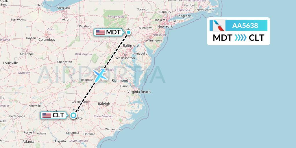 AA5638 American Airlines Flight Map: Harrisburg to Charlotte