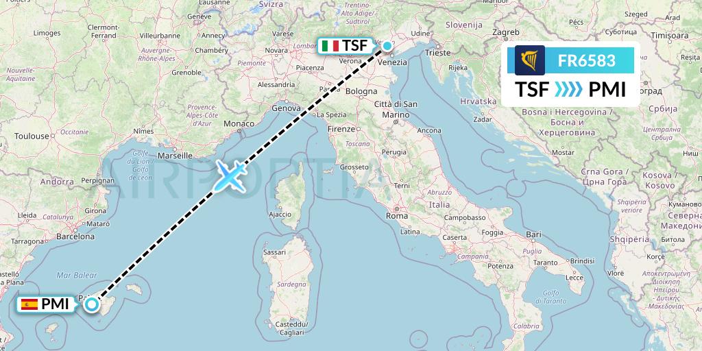 FR6583 Ryanair Flight Map: Treviso to Palma de Mallorca