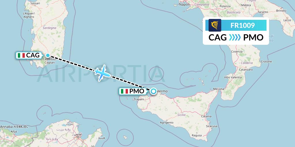 FR1009 Ryanair Flight Map: Cagliari to Palermo