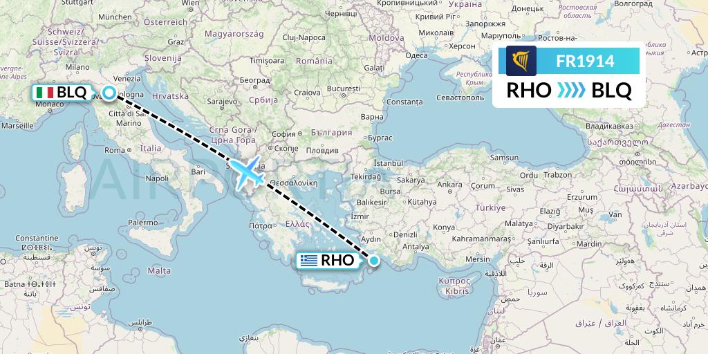 FR1914 Ryanair Flight Map: Rhodes to Bologna